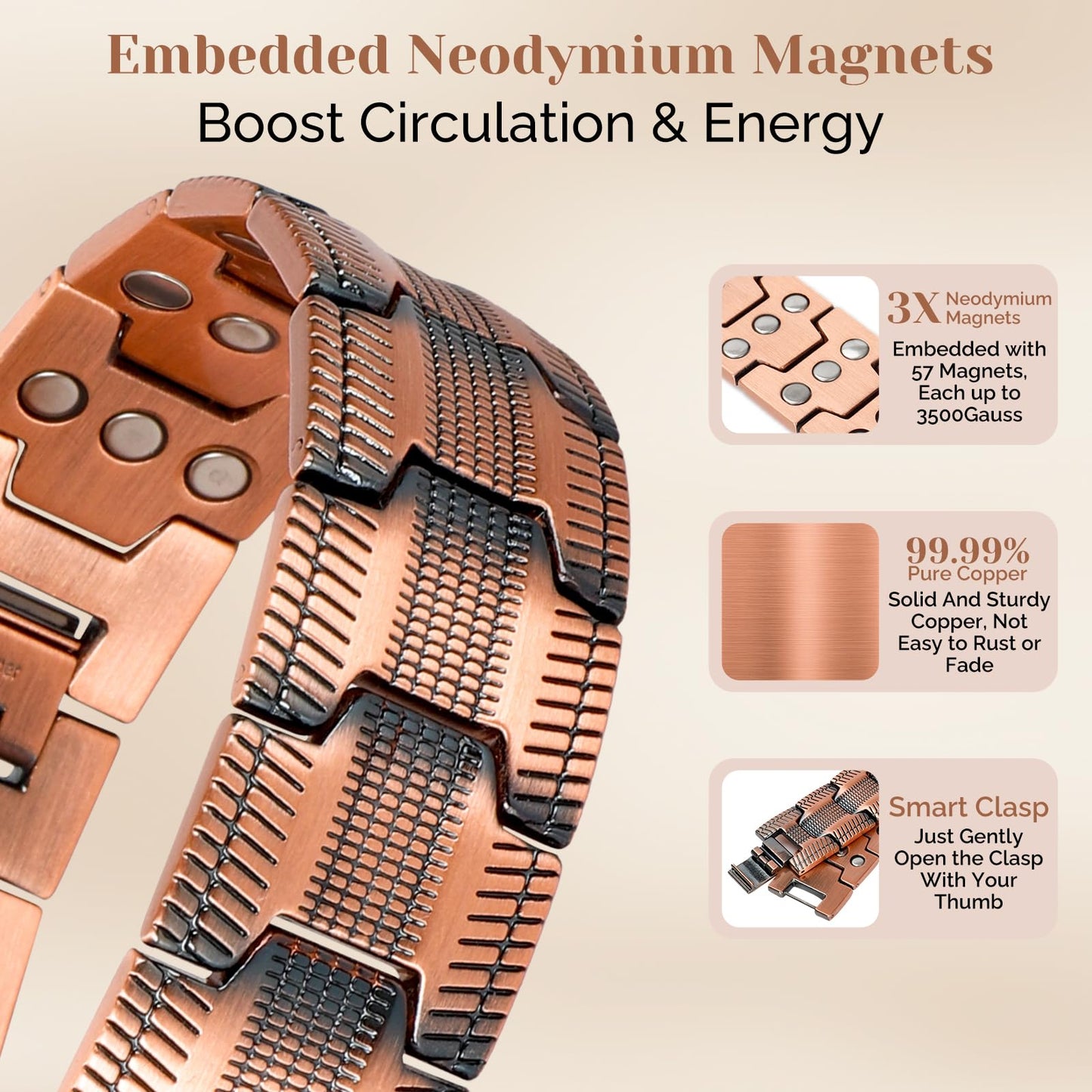 JEROOT Men's 99.99% Pure Copper Magnetic Bracelet, 3500 Gauss Magnets Adjustable with Sizing Tool