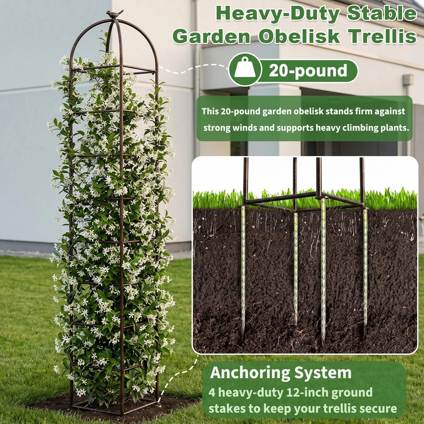 Heavy Duty 8.4 FT Garden Obelisk Trellis for Climbing Plants Outdoor, Rust-Resistant Large Metal Plant Support Tower with Bird Topper & Ground Stakes, Yard Art Decor for Roses Clematis Vines (Bronze)