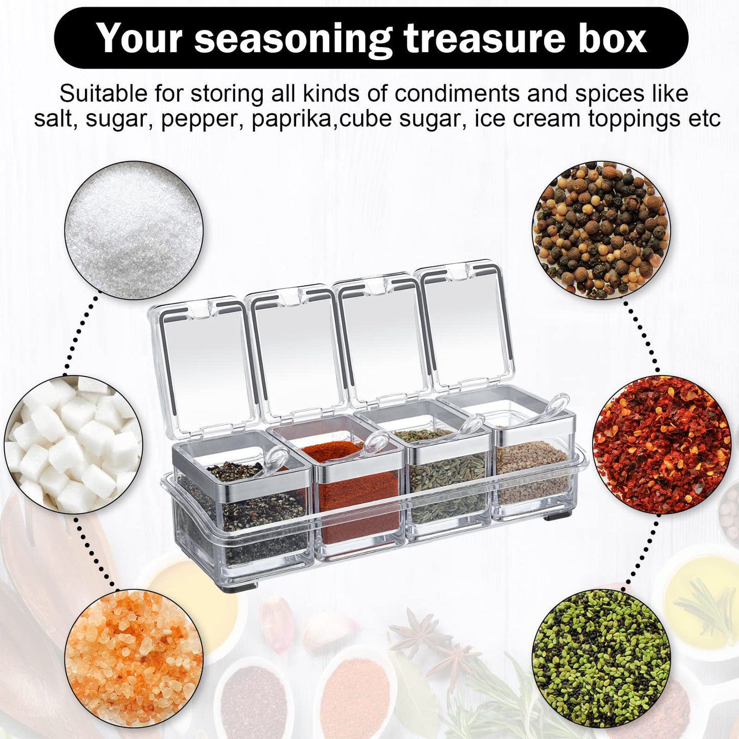 2 Set Acrylic Seasoning Organizer Box 10 x 4 x 3.2 in 8 Clear Seasoning Rack Spice Pot Condiment Container with Lid and Spoon Storage Container Spice Jar for Sugar Salt Kitchen Cooking Organizer