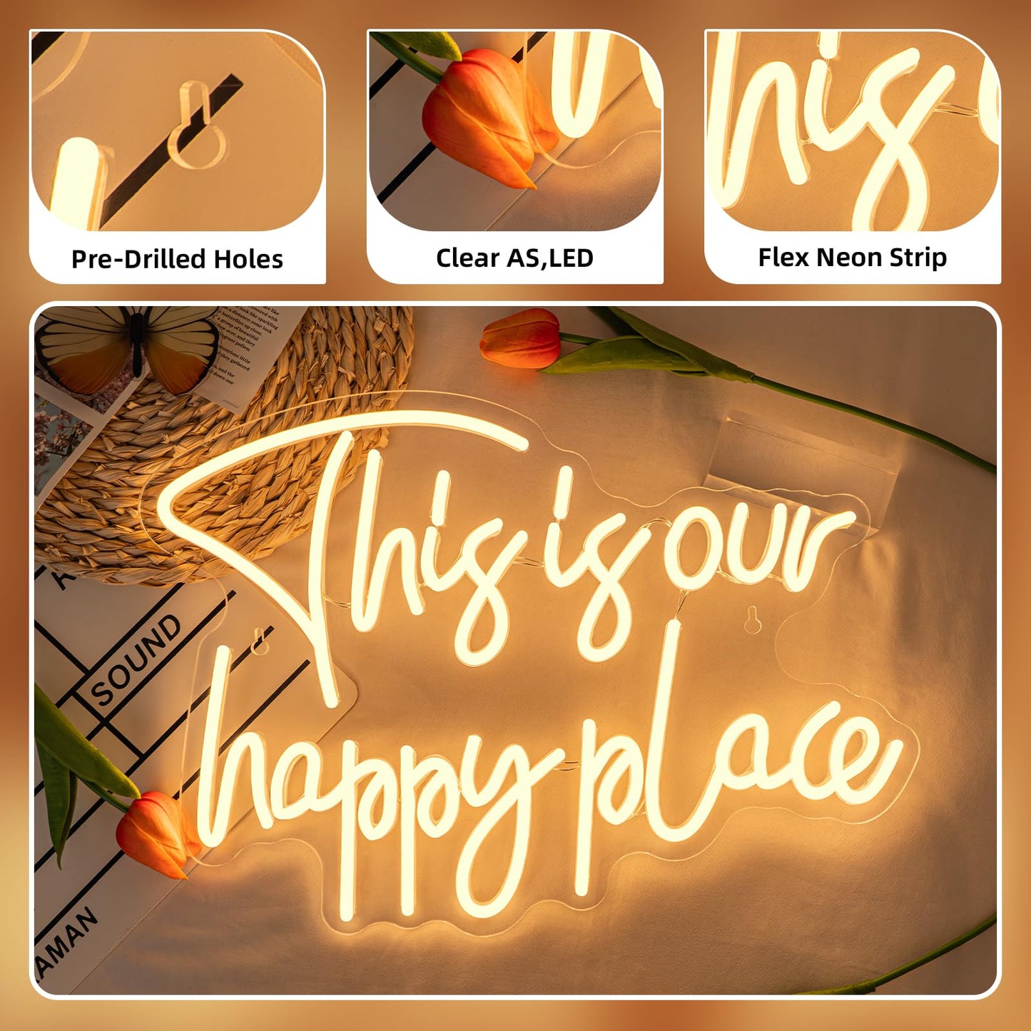 NOSUN This is Our Happy Place Neon Sign,Neon Signs for Wall Decor Happy Place Warm White LED Light Room Decor for Bedroom Classroom Man Cave Home Bar Birthday Party Decor Neon Classroom Sign Dimmable USB Power
