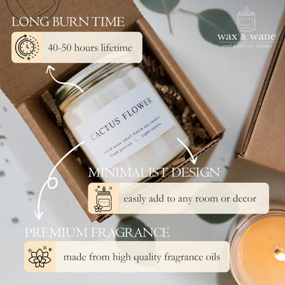 Wax & Wane Cactus Flower Modern 8oz Handmade Candle For Men and Women - Long Burning 40+ Hours Candles For Home, Bedroom, and Bathroom - 100% Natural Soy Candles Made in the USA