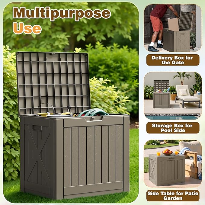 Flamaker Resin Deck Box 40 Gallon Waterproof Outdoor Indoor Storage Box Imitation Wood Resin for Patio Furniture Garden Tools and Pool (Brown)