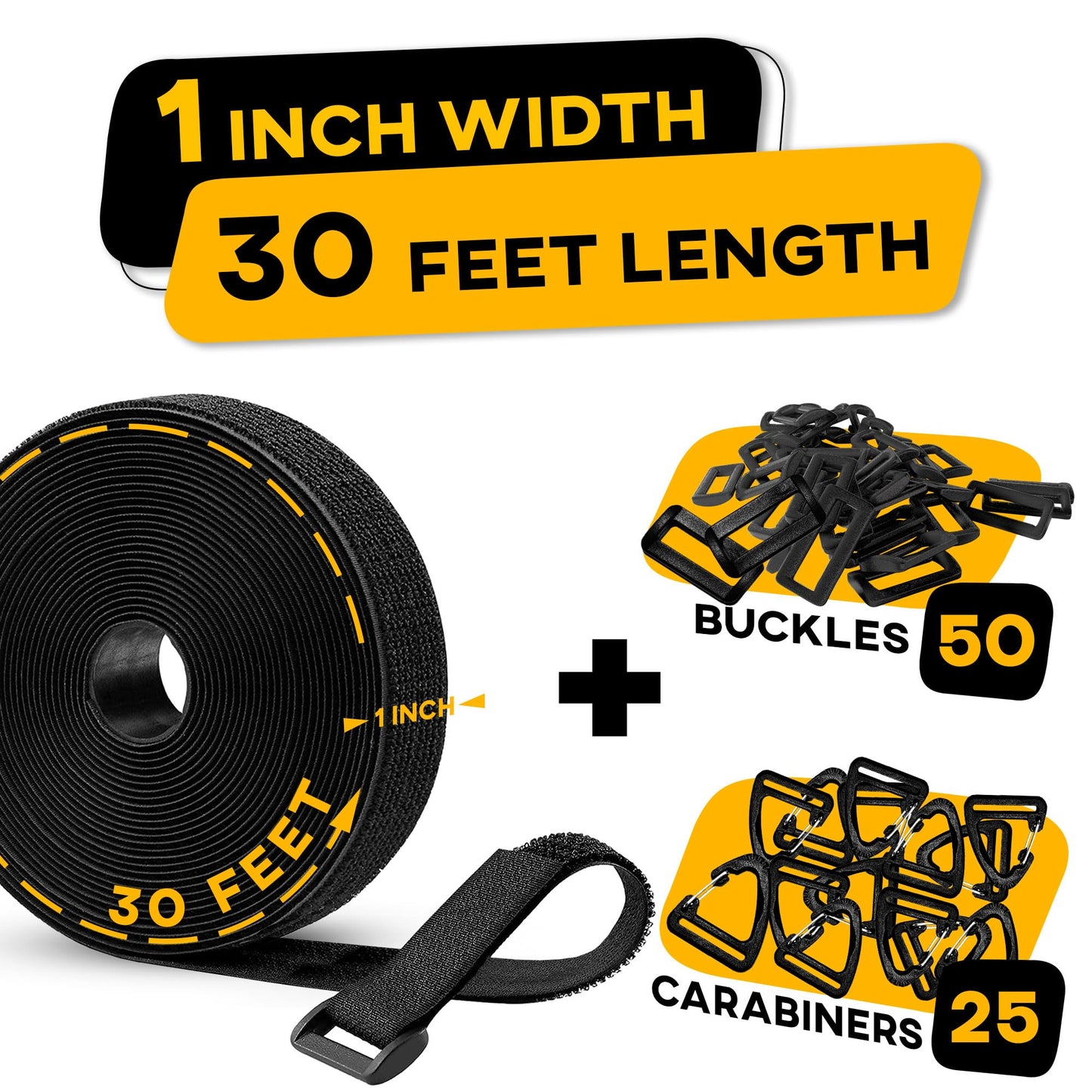 Hook and Loop Cable Straps with 50 Bucklets and 25 Carabineres, Reusable Fastening Cable Ties, Wire Management Securing Strap for Cable Tidy, Wire Management, Multi-Purpose Cord Organizer (Black)