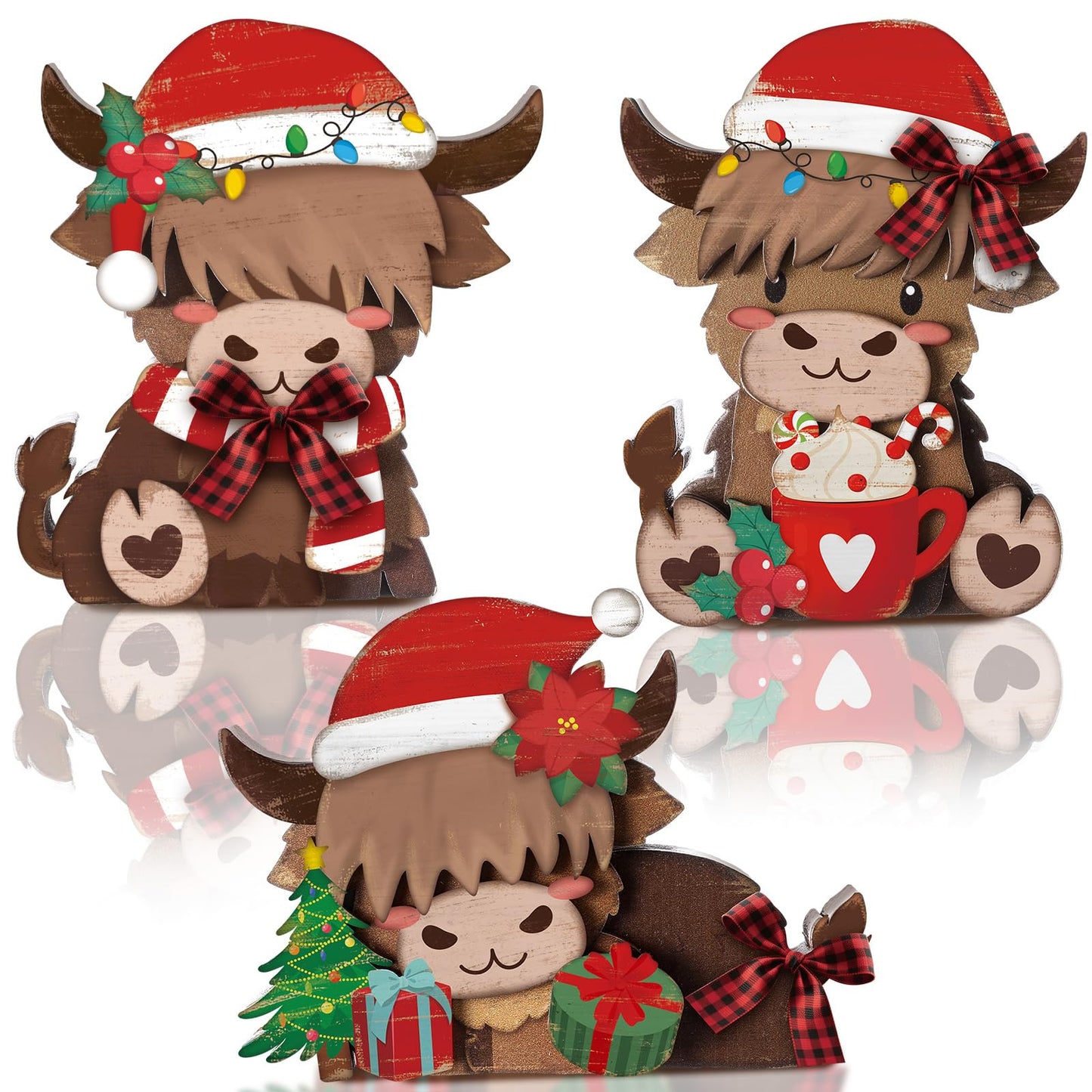 GlikCeil 3 Pcs Christmas Highland Cow Wooden Table Decorations Centerpiece Block Christmas Highland Cow Tiered Tray Tabletop Sign for Office Dining Room Mantle Party Supplies Home