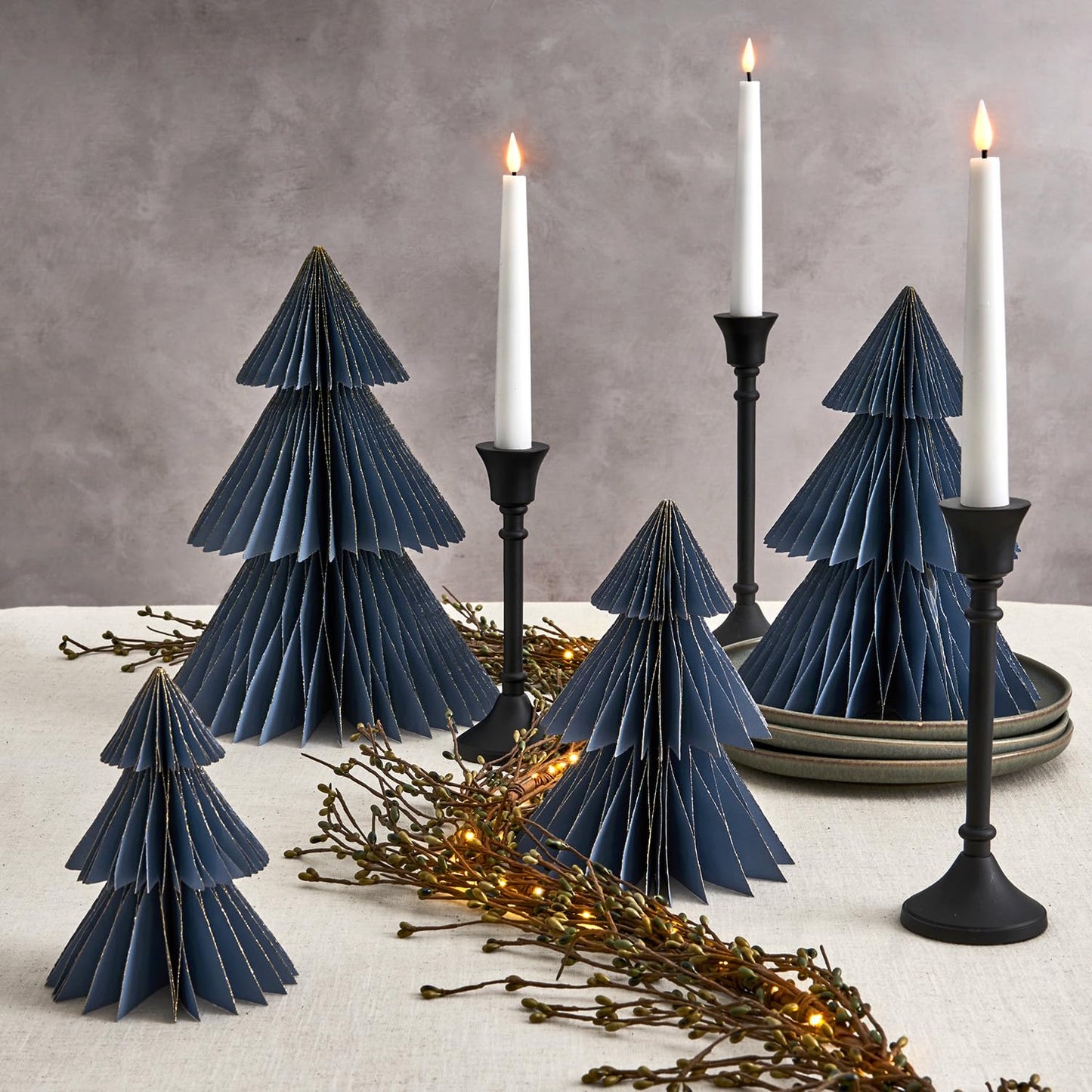 LampLust Paper Christmas Tree Decor, 2 Pack Dusty Blue Honeycomb Paper Trees, 10" & 12", Blue Decor, Winter Wonderland Decorations, Winter Table Centerpieces, Winter Decorations, Mini Ornaments