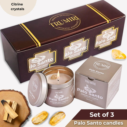 Palo Santo Candle for Home - Highly Scented with Citrine Crystals - Pack of 3 x 5oz Soy Wax Organic Non Toxic for Aromatherapy Relaxation Meditation - Room Decor for Men - Pet Safe Candel