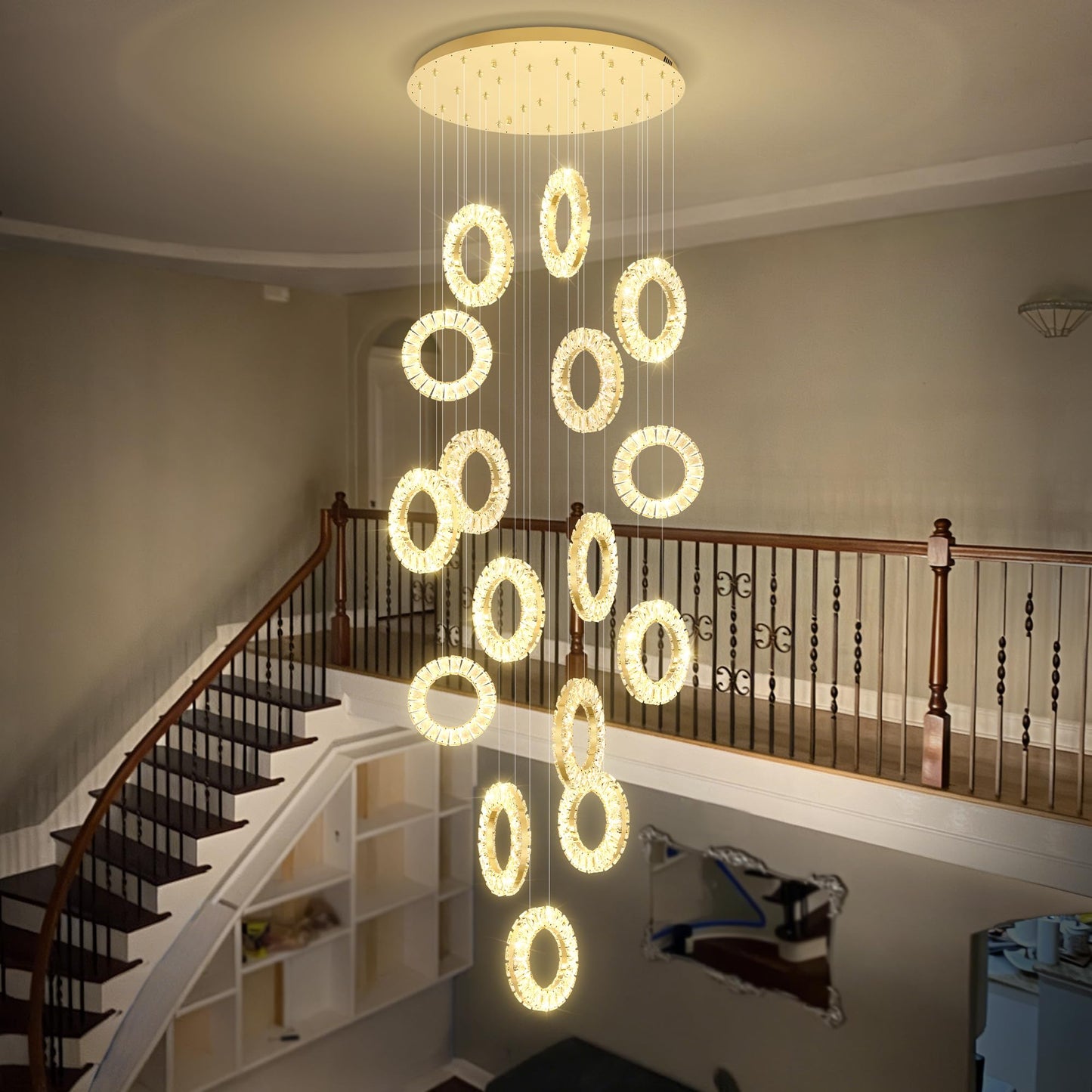 ykolupty 16 Rings High Ceiling Chandelier,Crystal Rings Chandelier,Staircase Chandeliers for High Ceilings,Foyer Chandeliers Entryway High Ceilings