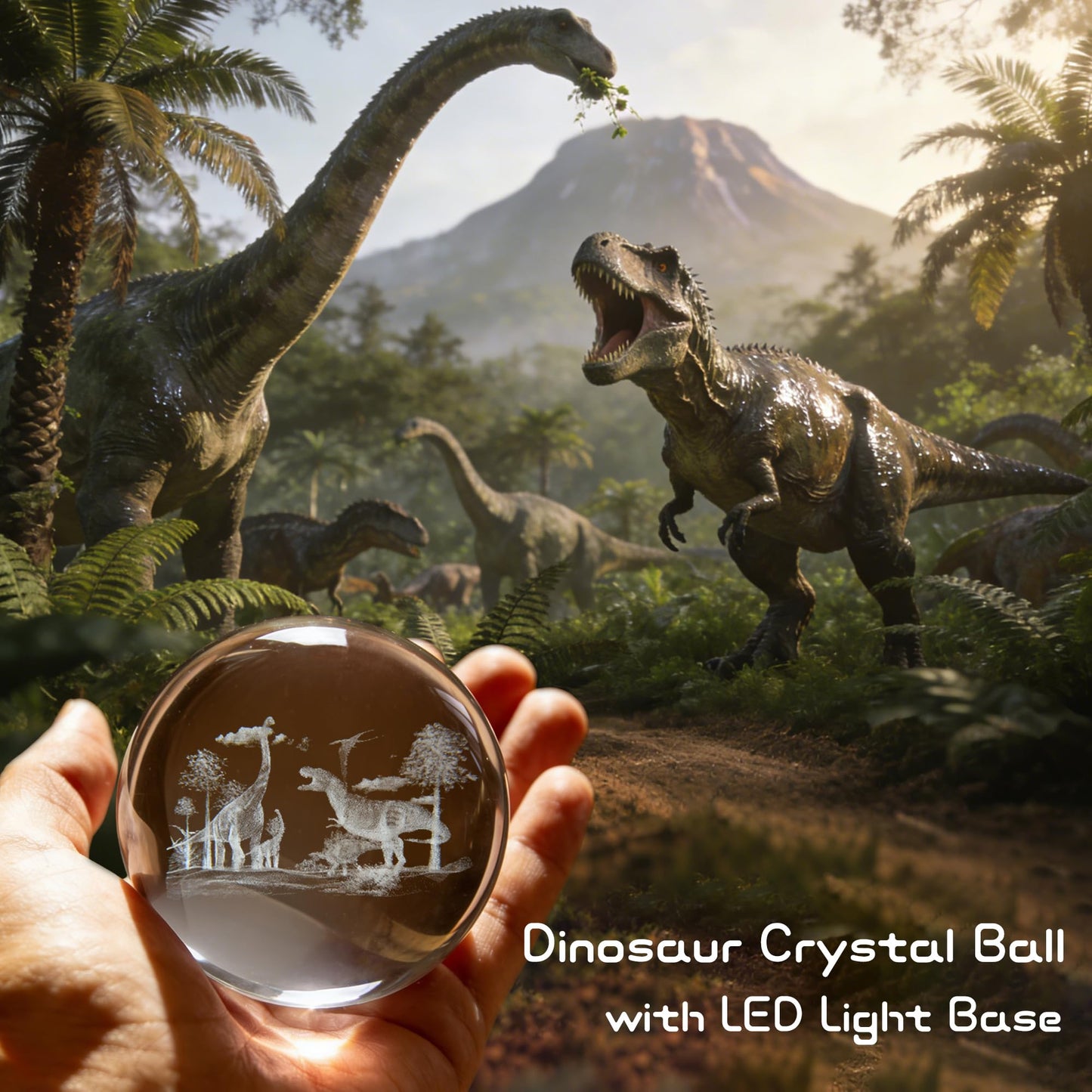 QIANCHANG 3D Dinosaur World Crystal Ball with LED Stand, 80mm Glass Sphere Night Light Lamp, Prehistoric Animal Crystal Figurines Collectibles, Dinosaur Lover Gifts for Kids & Adults