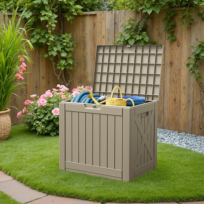 Patiowell 43 Gallon Resin Deck Box, Outdoor Storage Box for Patio Furniture, Deliveries, Pool Supplies,Waterproof and Lockable (Light-Brown)