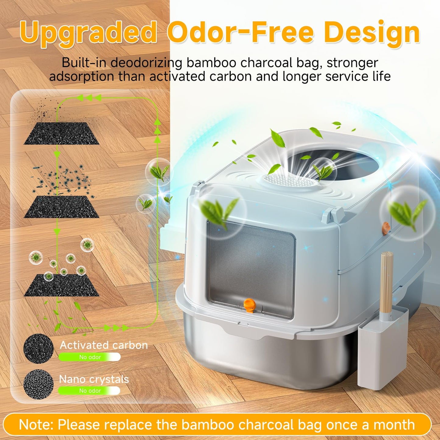 Stainless Steel Cat Litter Box with Lid, XL Extra Large Metal Litter Box for Big Cats, 180° Flip Cover Enclosed Top Entry Litter Boxs with High Sided Enclosure & Scoop, Non-Sticky, Anti-Leakage