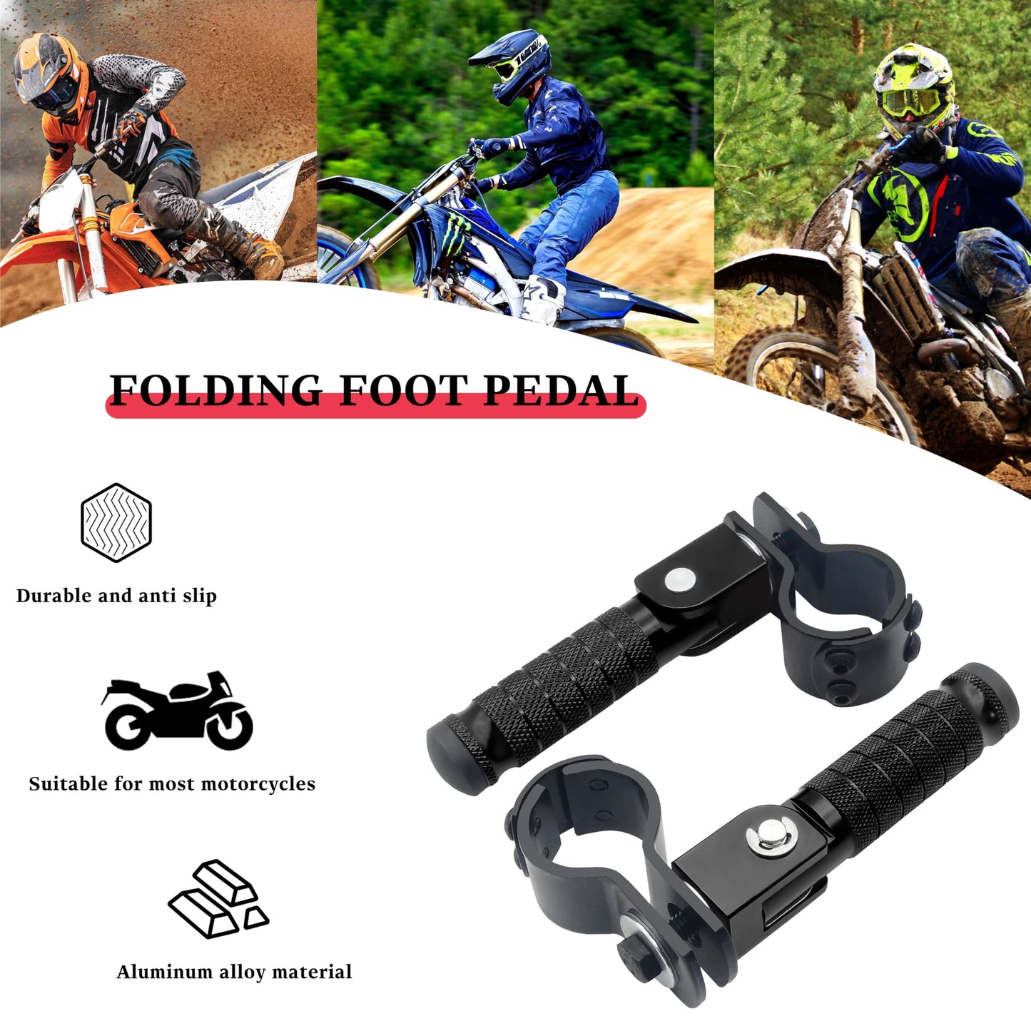 M8 Motorcycle CNC Aluminum 90 Degree Folding Rearsets Folded Motorbike Footrest Bicycle Footpegs Foot Pegs Pedal Universal (Black)