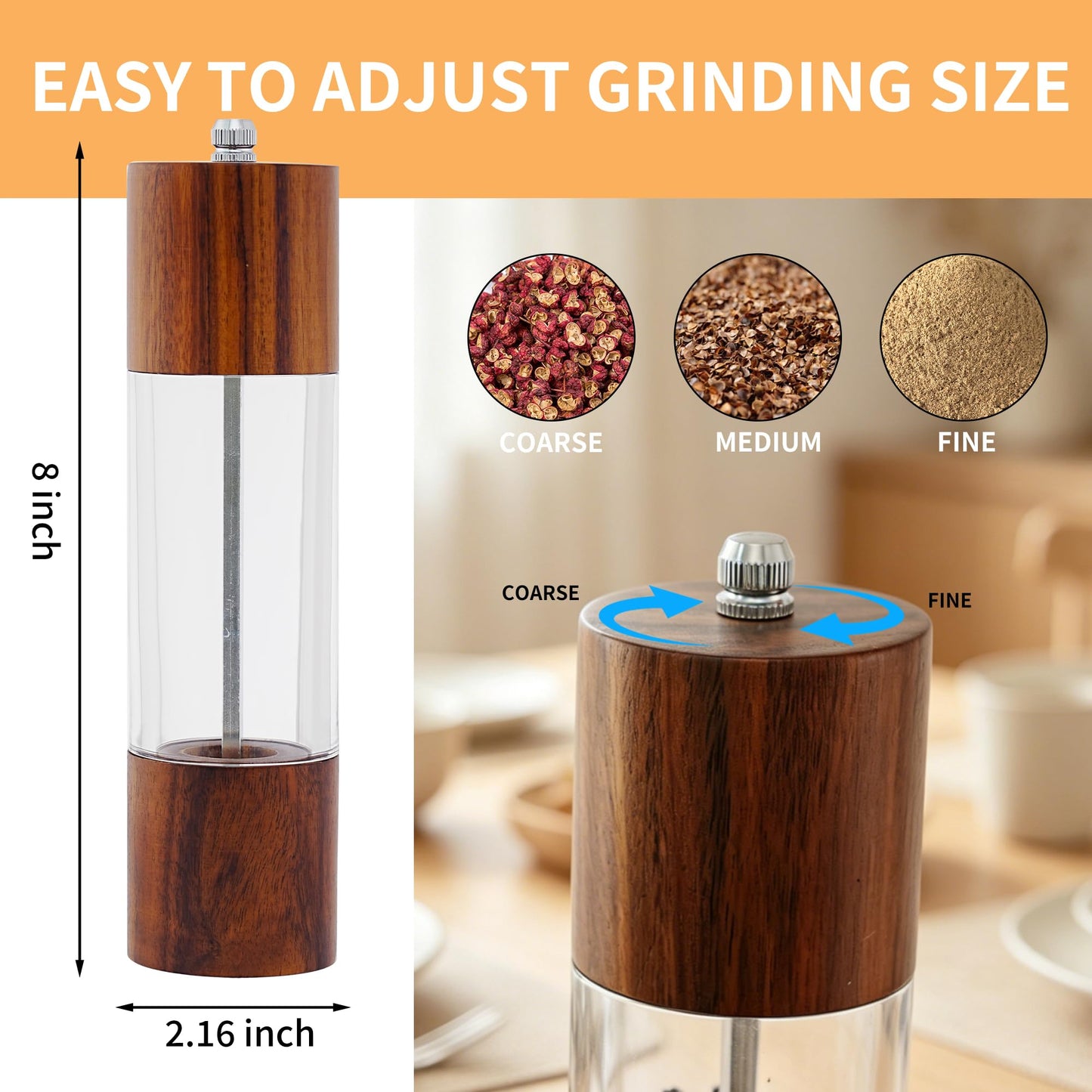 Acacia Wood Premium Acrylic Salt and Pepper Grinder Set, 2 Pack 8 Inches Refillable Salt and Pepper Mill Set, Manual Mills- Crafted of Solid Wooden Shakers with Adjustable Ceramic Core