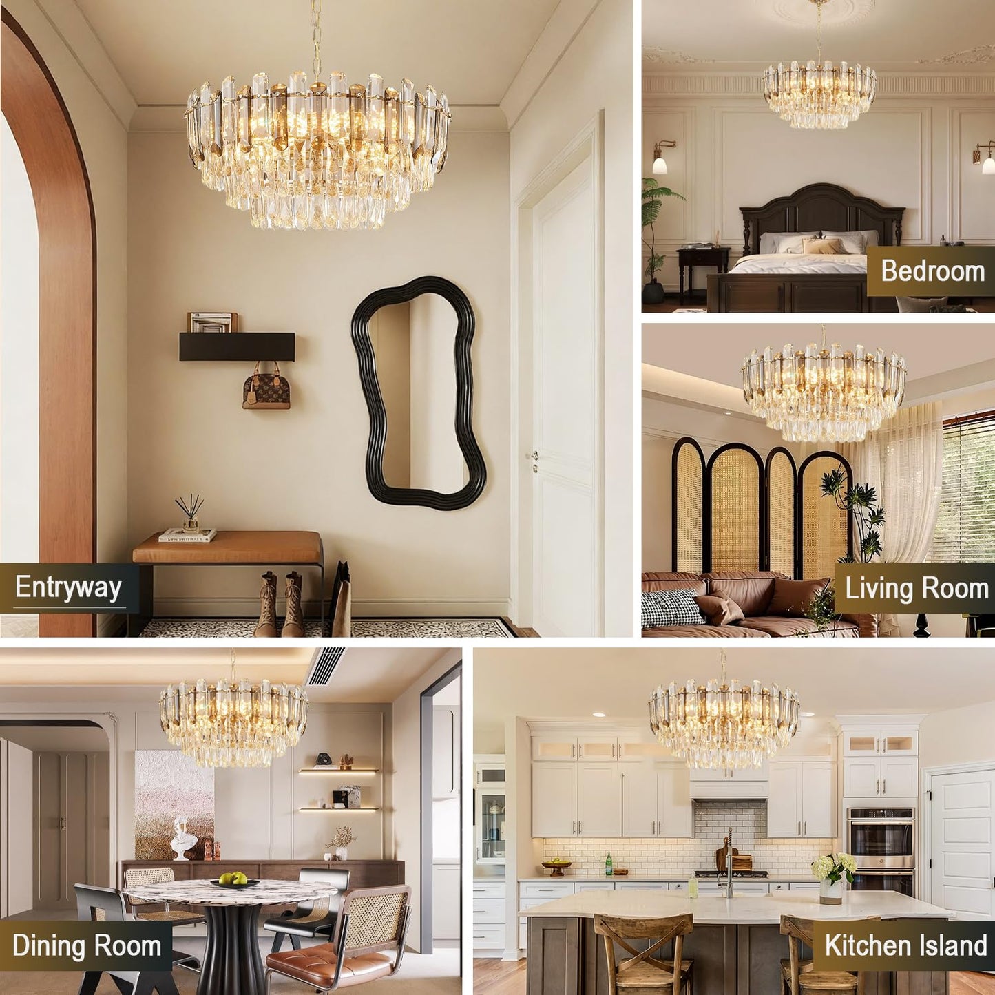 Vodcrindax Gold Crystal Chandelier 24" 12-Light 4-Tier K9 Crystal Round Adjustable Pendant Light Modern Crystal Chandeliers for Dining Room Living Room Kitchen Island Bedroom Foyer Entryway