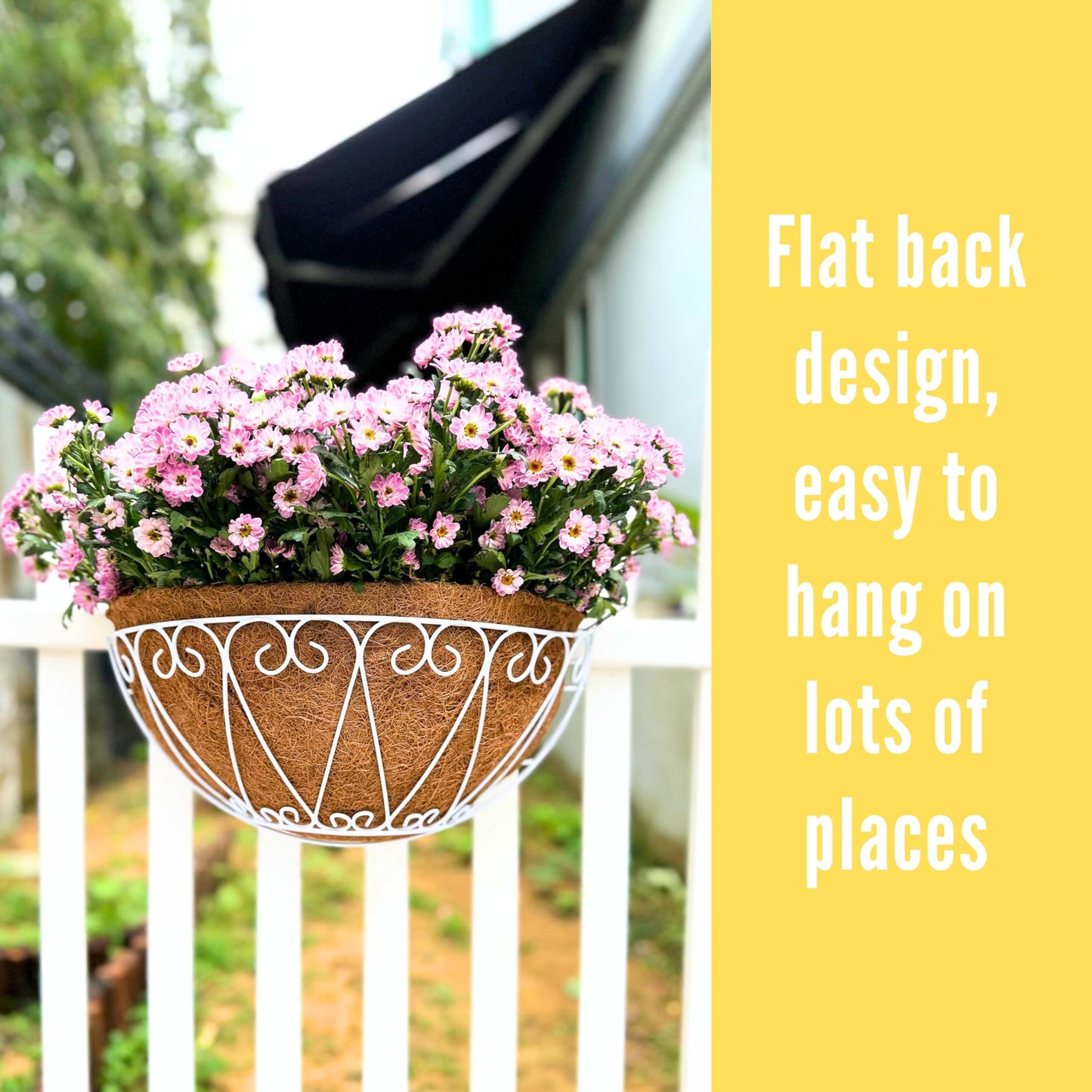 LaLaGreen Outdoor Wall Planters (2 Pack, 14 Inch) White Metal Wall Mounted Hanging Basket with Coco Liner, Semi-Circle Flower Pot Plant Holder for Fence Railing Deck Porch Balcony French Garden Decor