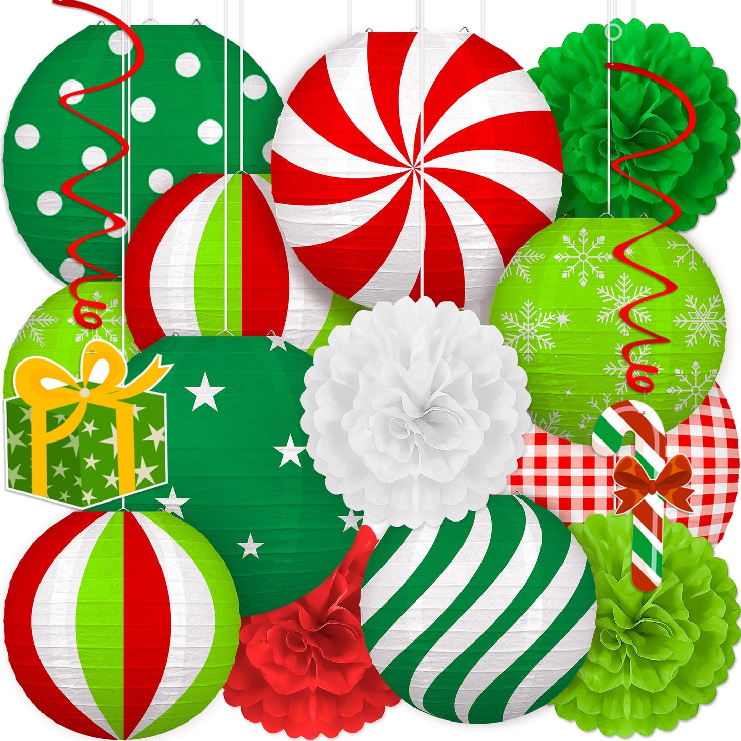 Renbuzhu 15PCS Christmas Decorations Ornaments Set – 9 Red White Green Paper Lanterns, 4 Pom Poms, 2 Hanging Swirls for Indoor, Home, Xmas Party, Porch Decor