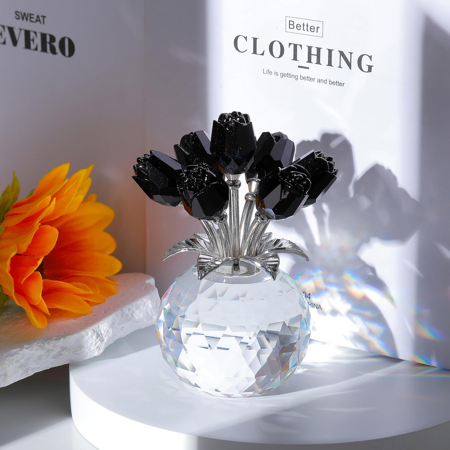 Movdyka Black Rose Flower Crystal Figurine with Vase, Bouquet Flowers Gifts for Wife Girlfriend Women - Fake Black Roses Halloween Gothic Decor
