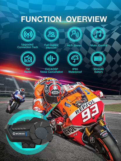 Motorcycle Intercom Headset, Moman H2E Eagle-Like Communication System with Dual Chips for Audio Multitasking HiFi Sound/Music Sharing/FM/AI Voice (2Pack), Motorcycle-Intercom-Helmet-Headset-Headphone