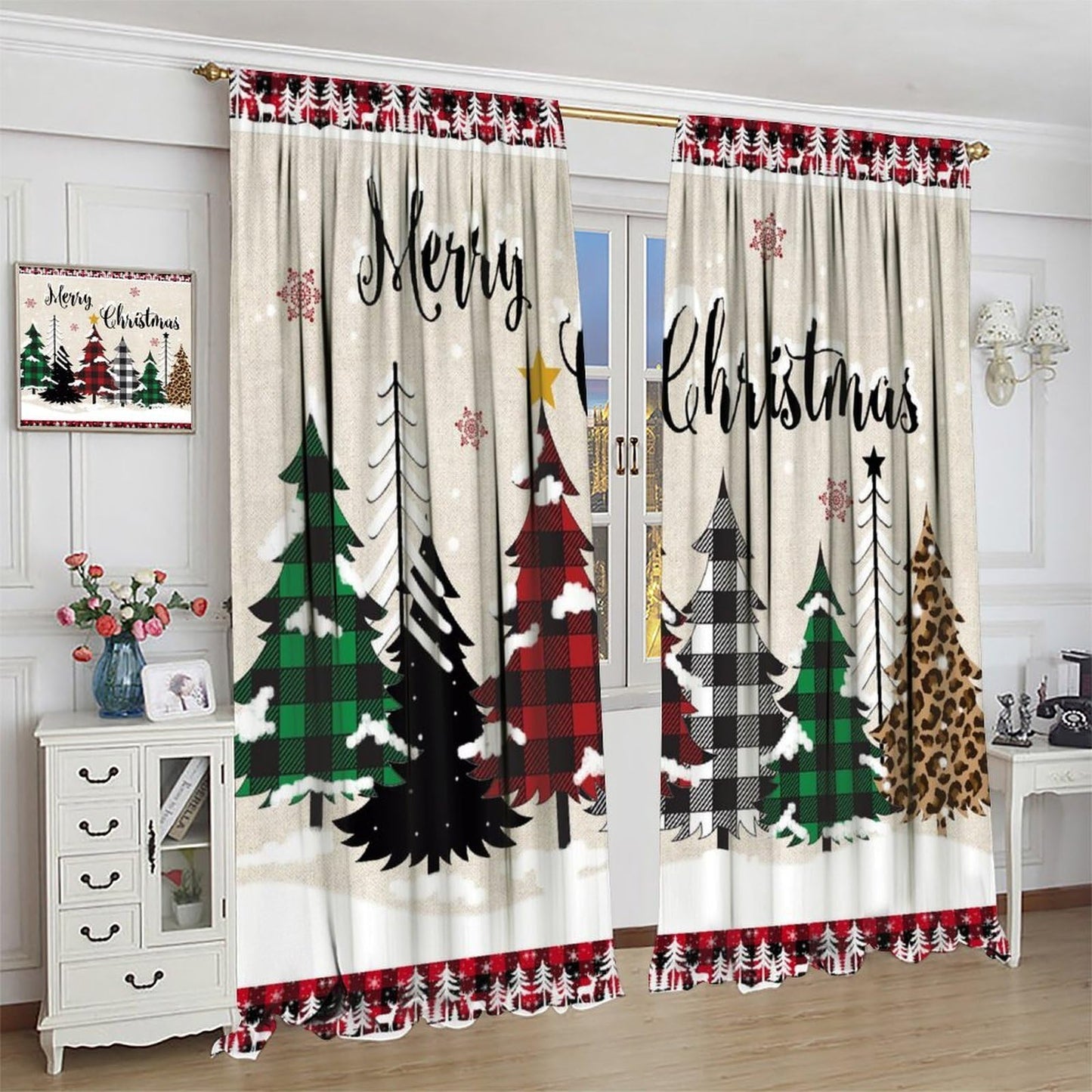 Christmas Tree Curtain Farmhouse Buffalo Plaid Xmas Tree Winter Cabin Snowflake Holiday Window Treatment for Living Room Bedroom Kitchen Cafe Study Dinin Merry Christmas Decor Window Drapes 42"W X 45"