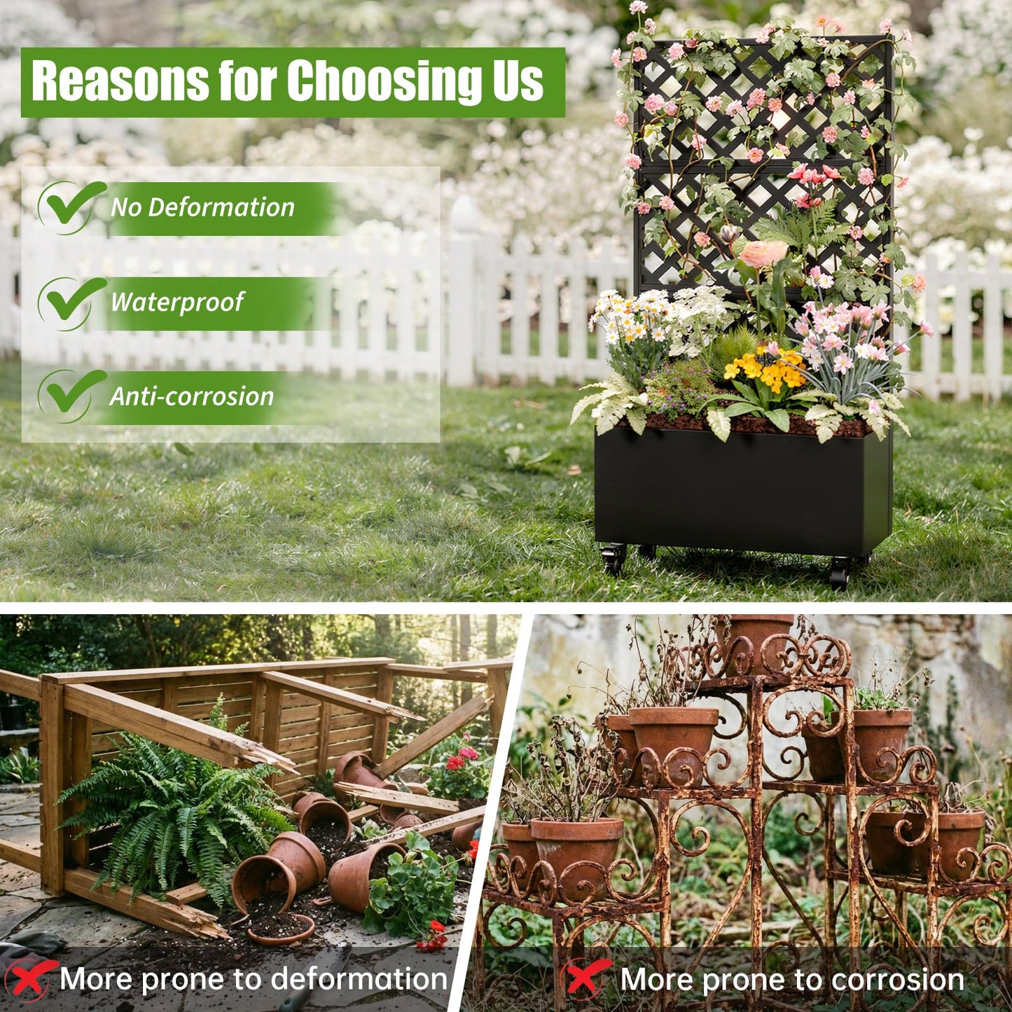 Riflevault 72" Planter Box with Trellis & Wheels, Planter Boxes Outdoor with Drainage Hole for Climbing Plants, Raised Planter with Privacy Screen, Black