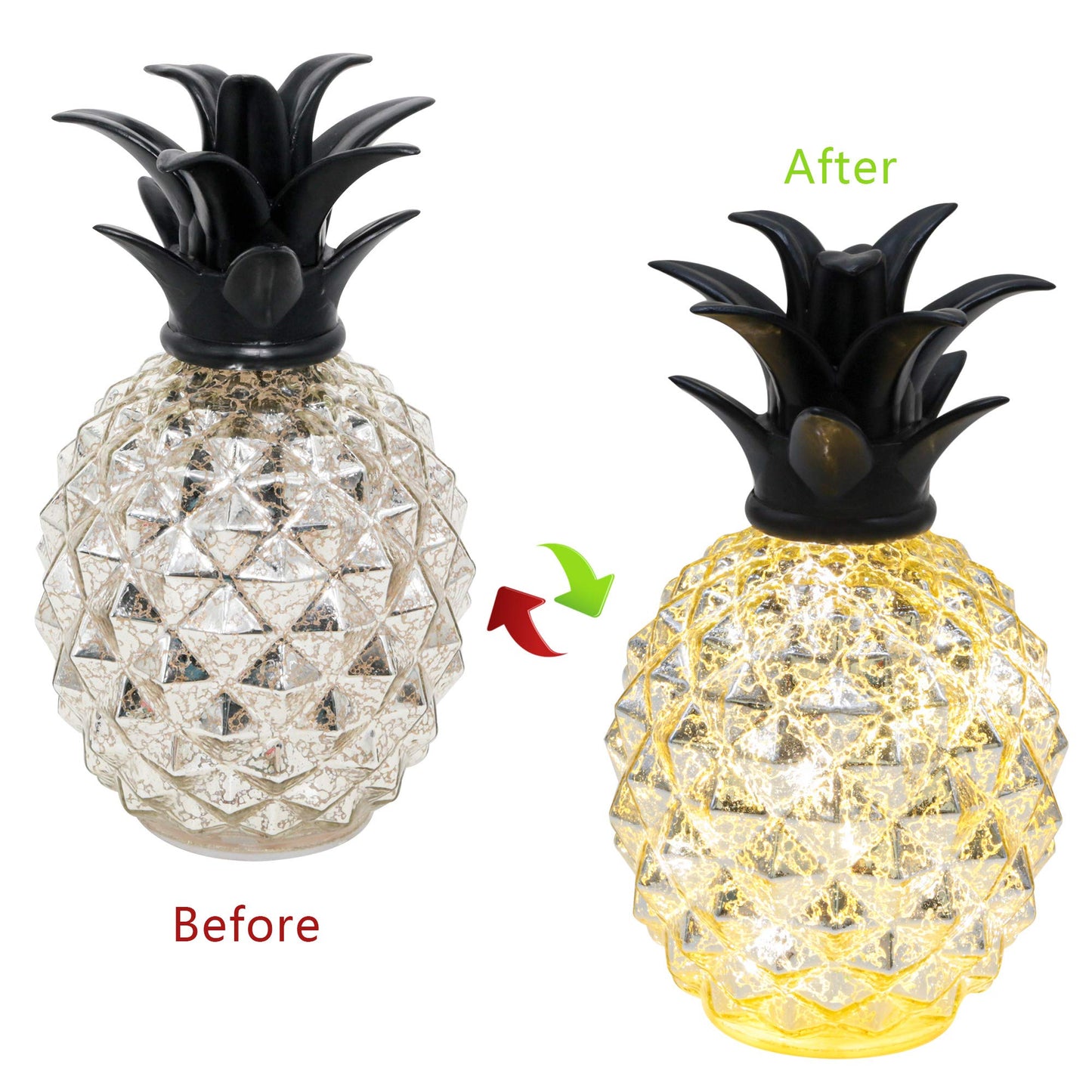 Romingo Mercury Glass Pineapple Lamp 9 Inch Batteries Operated Night Light with Timer for Living Bed Room, Women's Gift for Wife Girl Friend Silver