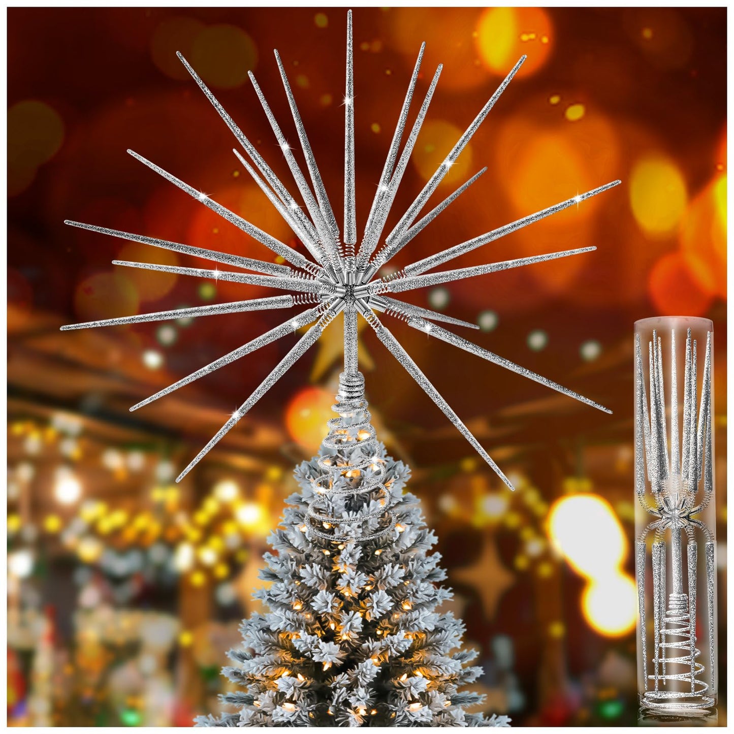 Silver Christmas Tree Topper 13.7 Inch - No DIY Silver Star Burst Tree Topper, Exploding Star Christmas Tree Decorations