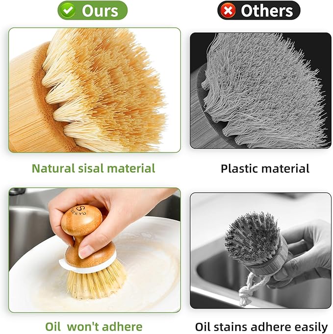 SUBEKYU Bamboo Dish Brush, Kitchen Dish Scrubber Brush, Natural Wooden
