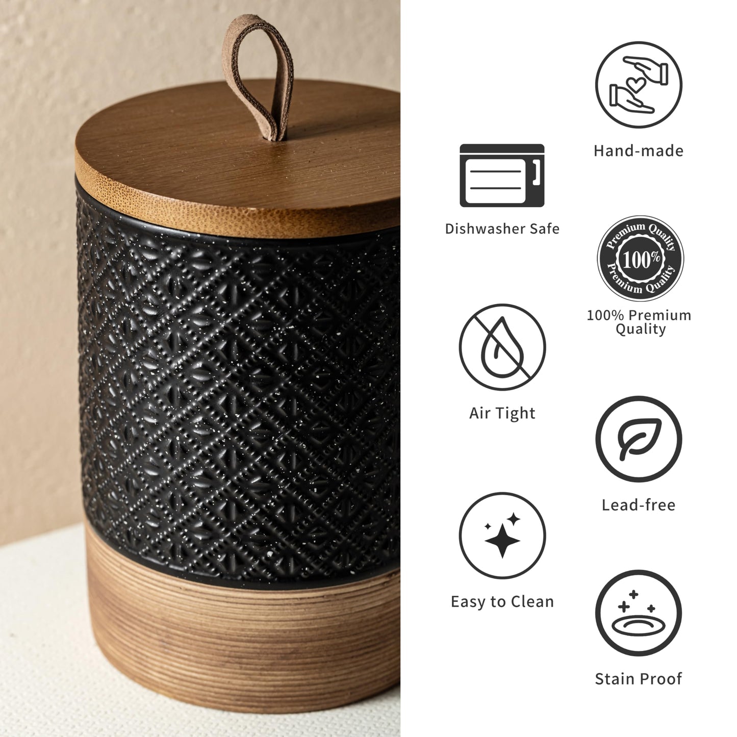 Miamolo Mini Ceramic Jars with Airtight Lid, Coffee Container Canister Kitchen Food Storage Jar with Lid for Spice Sugar Tea Bag, Stackable Decorative Jars for Countertop, Pantry, Black & 5 fl.oz