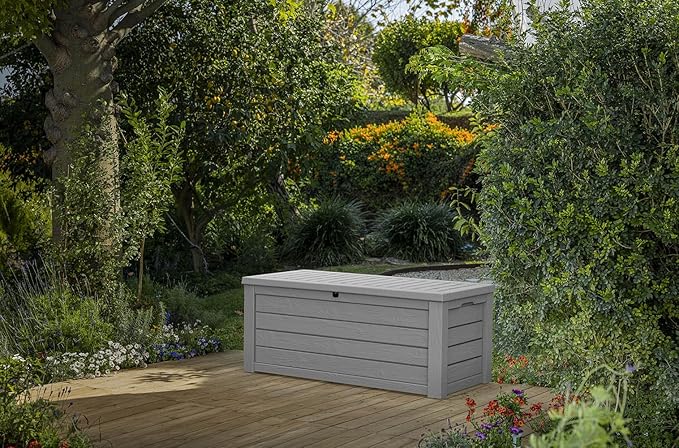 Keter Westwood 150 Gallon Resin Large Outdoor Storage Box for Patio Furniture, Outdoor Cushions, Garden Tools and Pool Floats, Light Grey
