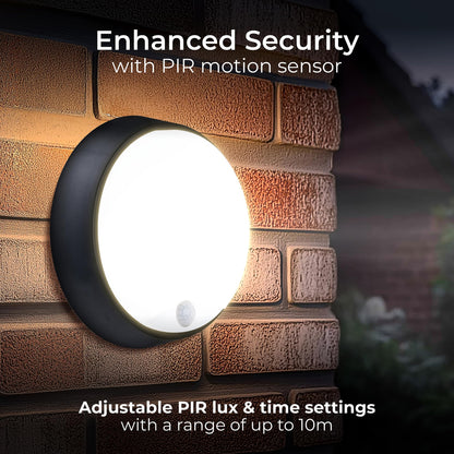 Luceco Eco Outdoor LED Bulkhead Light with PIR Motion Sensor, Decorative Exterior Lighting, Round, Black, IP54, 10W, 700lm, 4000K, EBER10P40