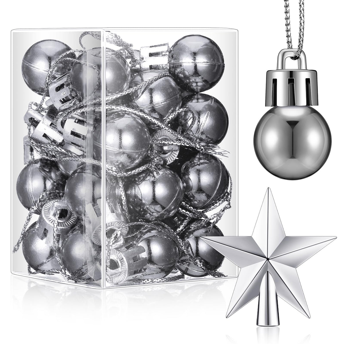 RoundFunny 25 Pcs Christmas Balls Ornaments Set Mini Tree Decoration 0. 79 Inch Christmas Ball Tree Topper Star Hanging Ornaments for Party Decoration(Silver)