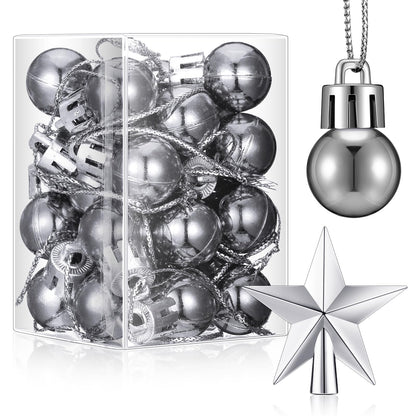 RoundFunny 25 Pcs Christmas Balls Ornaments Set Mini Tree Decoration 0. 79 Inch Christmas Ball Tree Topper Star Hanging Ornaments for Party Decoration(Silver)