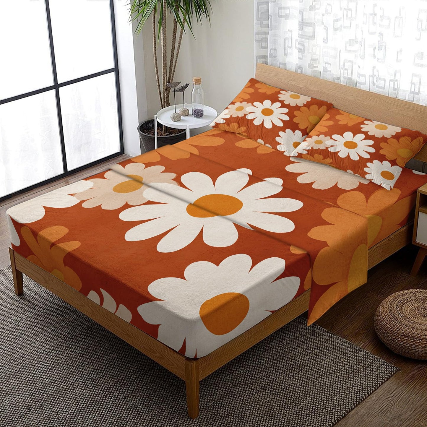 NOGAWA Retro Flower Sheets King Size, Boho Floral Bed Sheets, 70s Bedding Sheets, Pillowcases 4 Piece Set, Microfiber Deep Pocket Fitted Sheet, Flat Sheet, 2 Pillow Cases