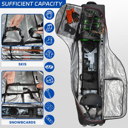 TurnWay Padded Ski Bag with Wheels for Air Travel, Double Rolling Snowboard Bag Heavy Duty Waterproof for Storage & Transportation of Snowboard/Ski Gear (Black-Red)
