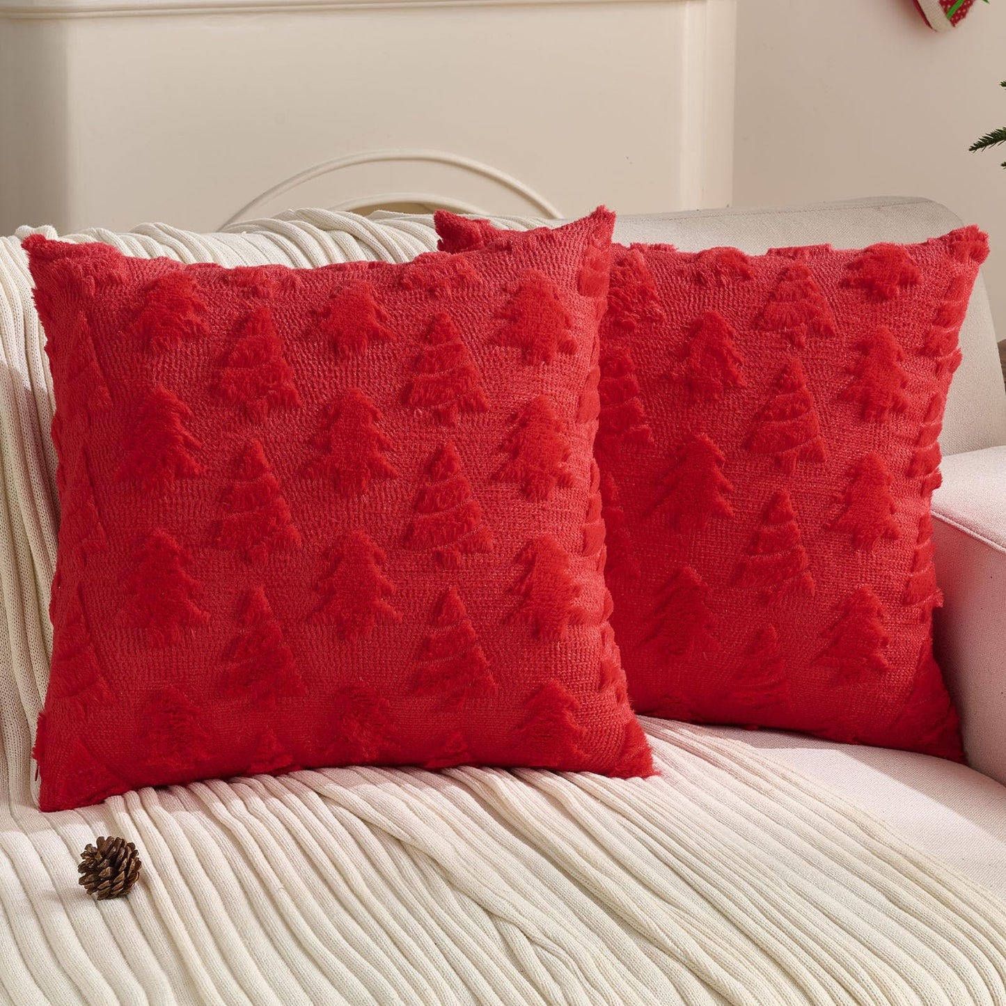 FUTEI Christmas Tree Pillow Covers 18x18 Set of 2, Red Xmas Decorations Soft Fluffy Winter Lumbar Pillow Covers for Couch Sofa Bedroom Holiday Festivals Home Decor