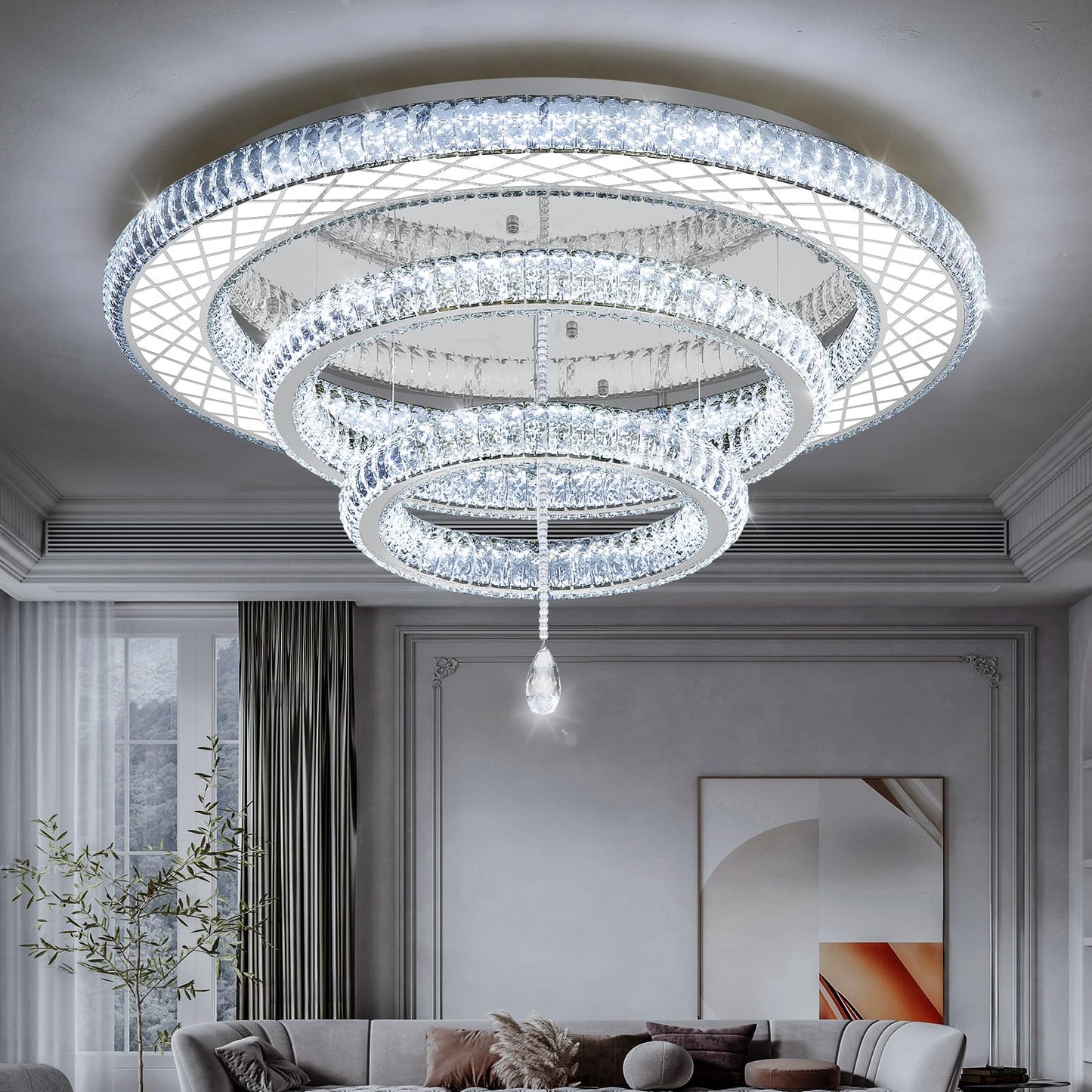 39.4" Modern Crystal Chandeliers Dimmable Lager Chandelier LED Flush Mount Ceiling Light High Ceiling Chandelier for Living Room Dining Room Bedroom Foyer Hallway Entryway Silver