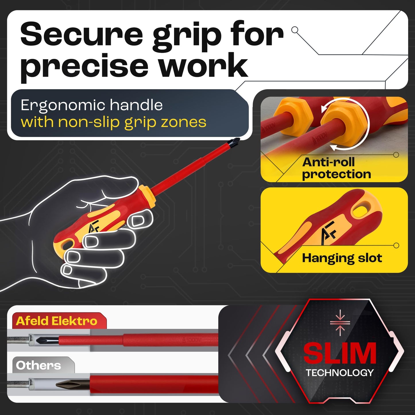 Afeld Elektro VDE Screwdriver Set 6 Pieces: 3x Phillips, 3x Slotted, Insulated, Magnetic Tips, Hex Head