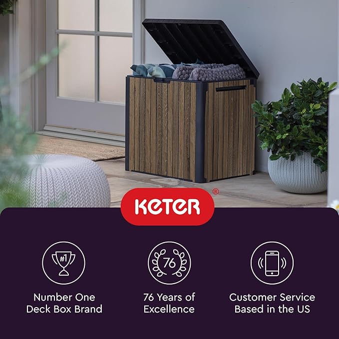 Keter Signature Everwood 30 Gallon Resin Deck Box for Outdoor Storage – Weather‑Resistant Balcony & Patio Box for Cushions, Throw Pillows & Garden Tools, Walnut