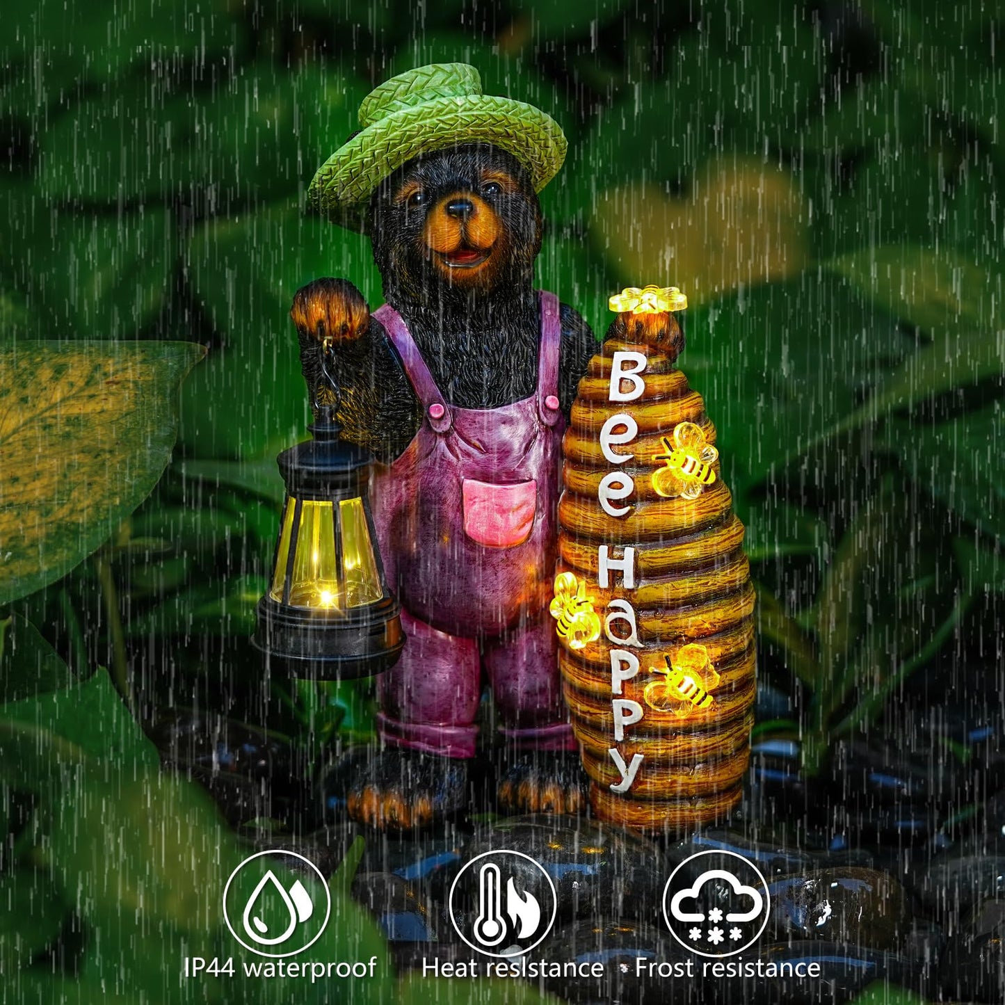 Joint Honglin Solar Black Bear Garden Statue with Lighted Beehive & Lantern, Resin Bear Holding Honey Bee Hive, Outdoor Waterproof Solar Garden Decor, Yard Lawn Patio Porch Farmhouse Decoration