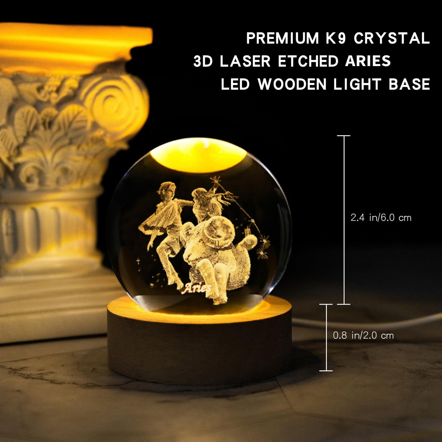QIANCHANG 3D Laser Etched Aries Crystal Ball with LED Light Stand, Constellation Decor Glass Sphere Lamp, Zodiac Astrology Birthday Gifts for Women Kids