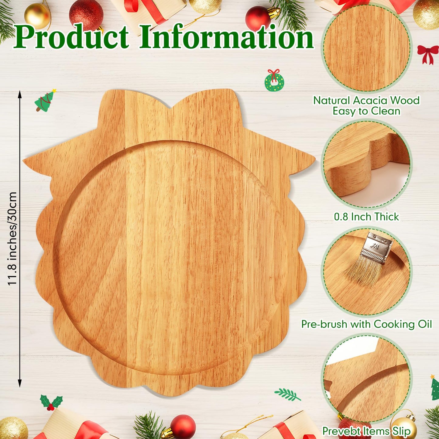 Bokon 12" Wreath Christmas Charcuterie Board Wooden Cutting Board Xmas Serving Platter Tray Cookie Plate for Cheese Bread Dessert Fruit, Gift for Christmas Party Holiday Decoration(Rubber Wood)