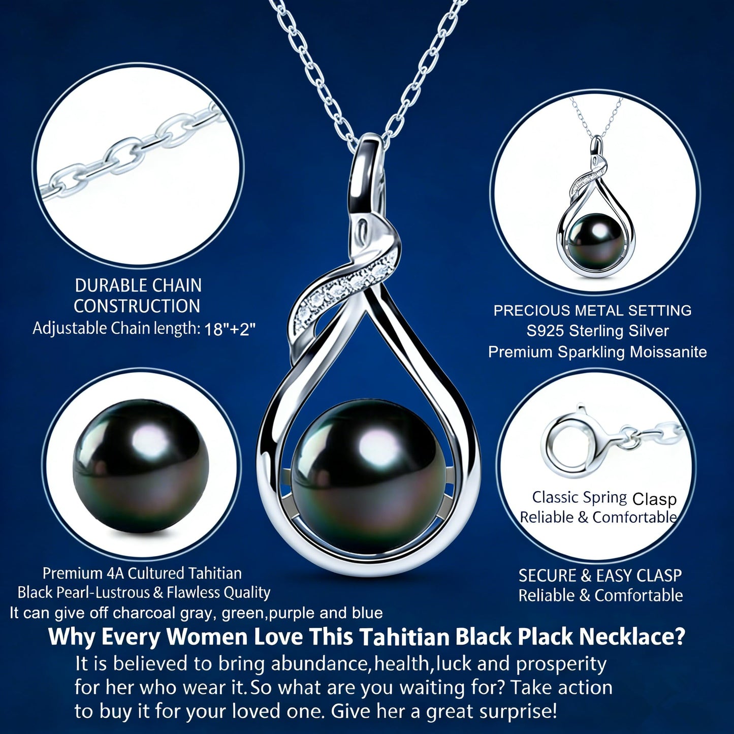 Gift for Wife Women Tahitian Black Pearl Necklace Colorful S925 Sterling Silver Anniversary Birthday Wedding Mother's Day Gift for Wife Lady Mom Girlfriend Daughter Adjustable Chain