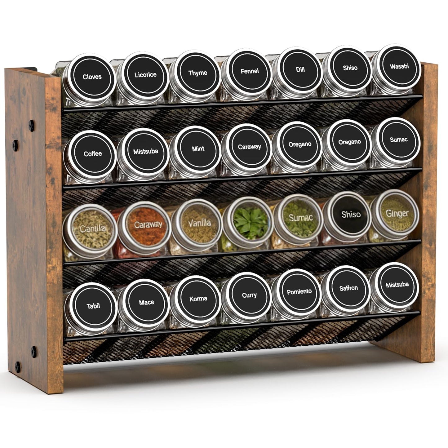 NESAPTO Spice Rack Organizer for Cabinet, Wood 4-Tier Vertical Seasoning Organizer, Wall Mount or Countertop Spice Shelf, Holds 28 Jars (No Jars Included), 14" W x 9.4" H
