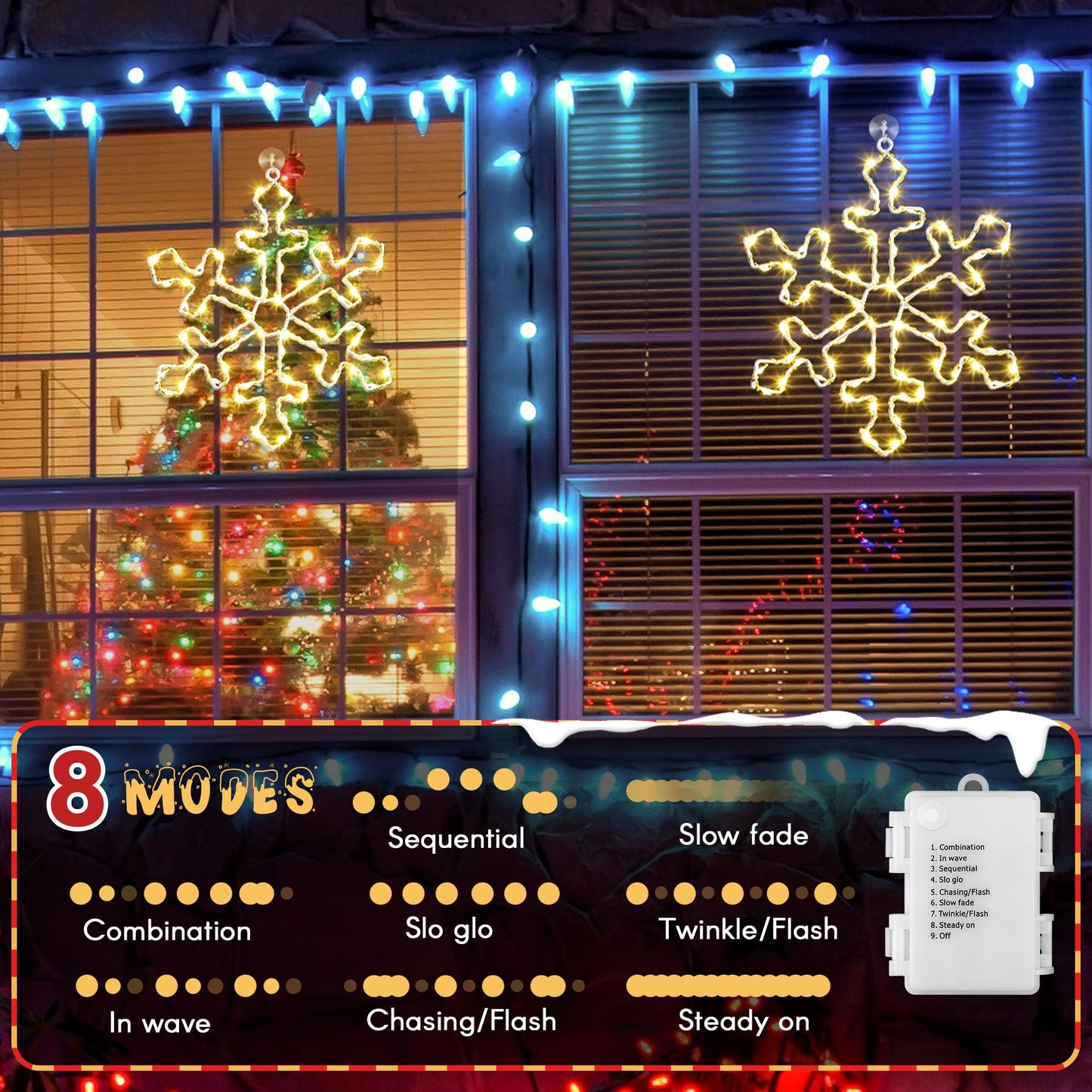 Hiboom 2 Pack Christmas Window Lights, 12 Inch Snowflake Lighted Decorations Wrapped with LED String Lights, 8 Modes Battery Powered Christmas Window Light for Xmas Indoor Decor (Warm White)