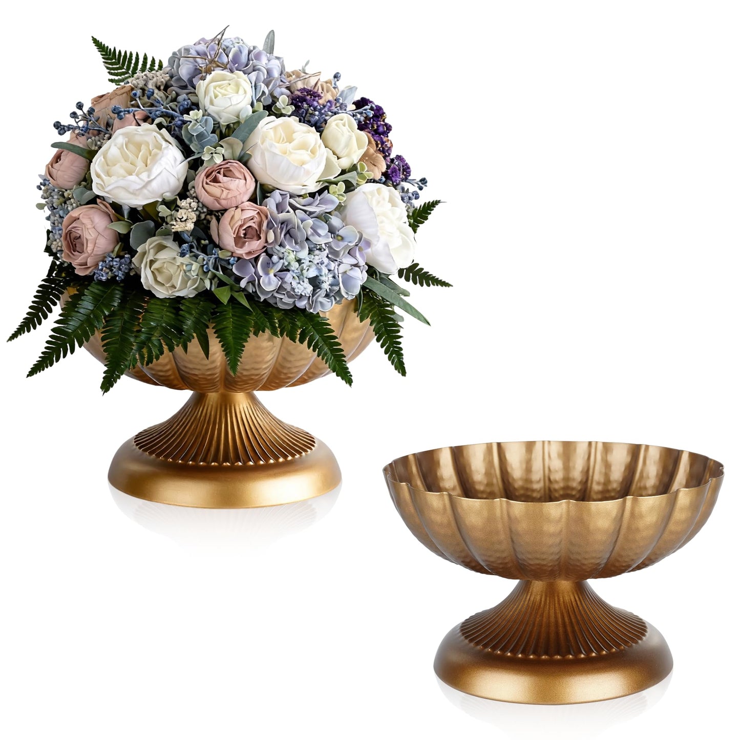 VIVIRENOIR 2 Pcs Compote Bowl Vases for Centerpieces, 7" Distressed Gold Small Urn Vase Pedestal VaSe Pot, Flower Arrangement for Wedding Anniversary Party Home Decor, Antique Brass