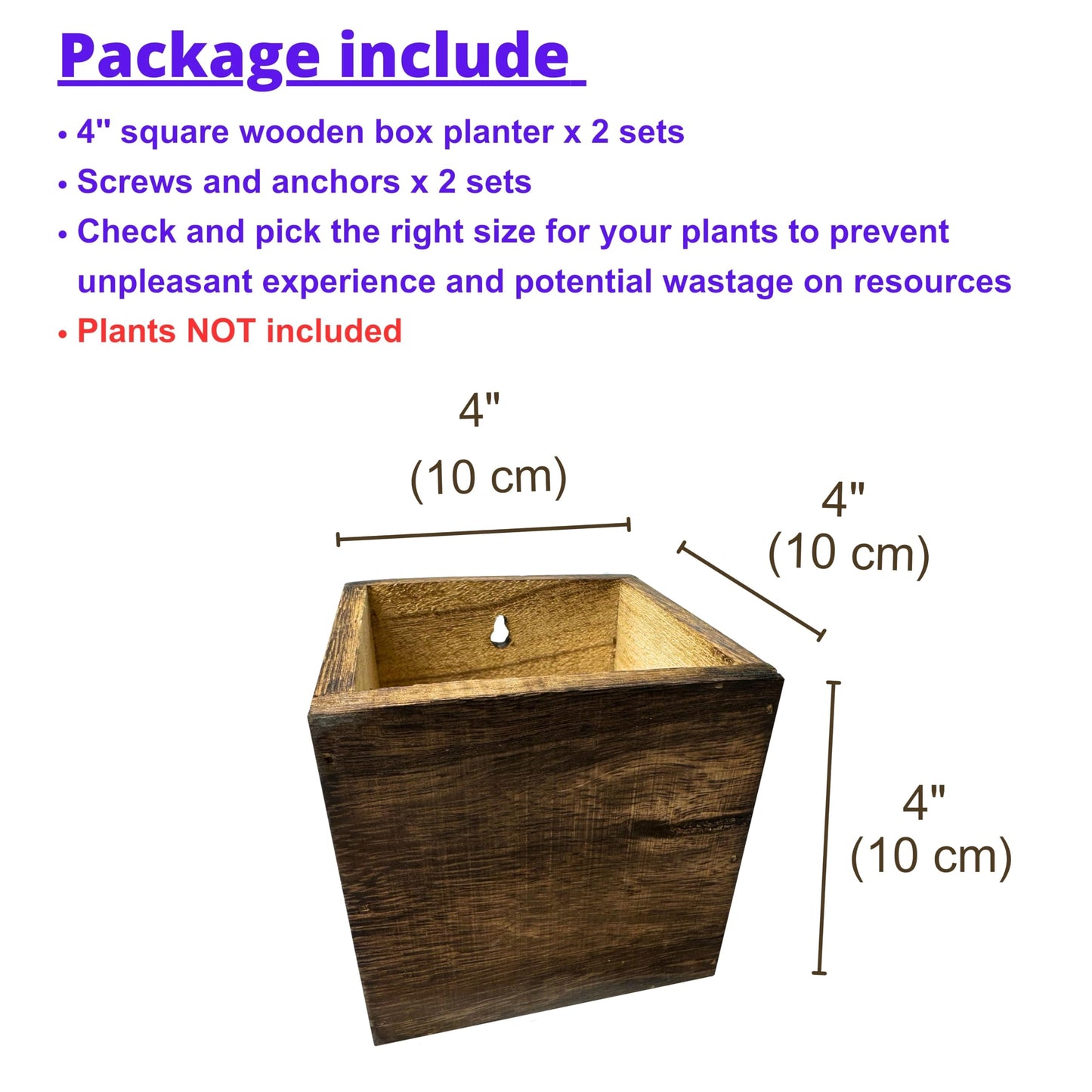 LaLaGreen Wood Planter Box for Plants (4x4 Inch, 2 Pack) Small Square Wall Planters for Indoor Plant, Window Hanging Flower Pot Wooden Boxes for Table Centerpiece Herb Balcony Home Garden Office Decor