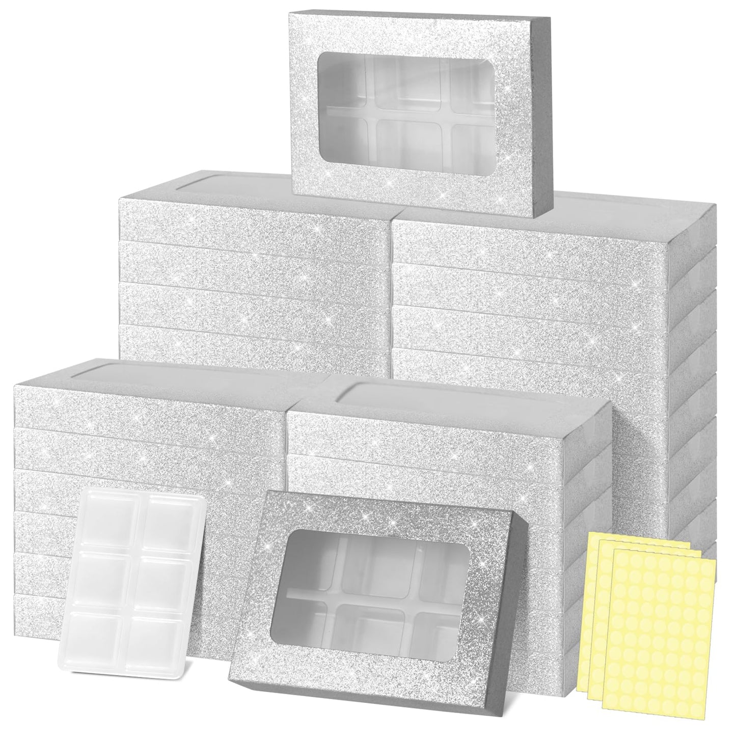 50 Pcs Silver Glitter Gift Boxes for Wax Melts 6 Cavity Plastic Wax Melt Molds with Box Crystal Wax Melts Containers Boxes Wax Melt Cube Trays for Wrapping Gifts Wax Cubes Wax Tarts Wax Block