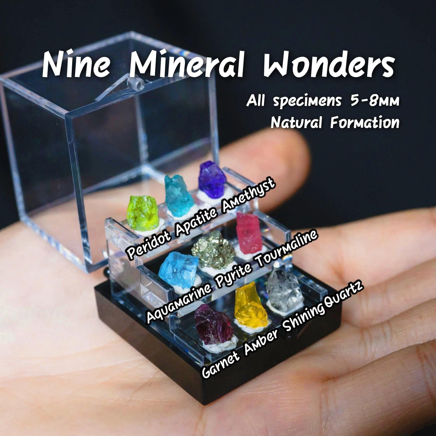 9 Rare Natural Gemstone Collection Gift Box-Peridot, Apatite & 7 Exquisite Minerals-Square Acrylic Tiered Display Case - Ideal Birthday & Christmas Gifts for Mineral Enthusiasts,Geography Enthusiast