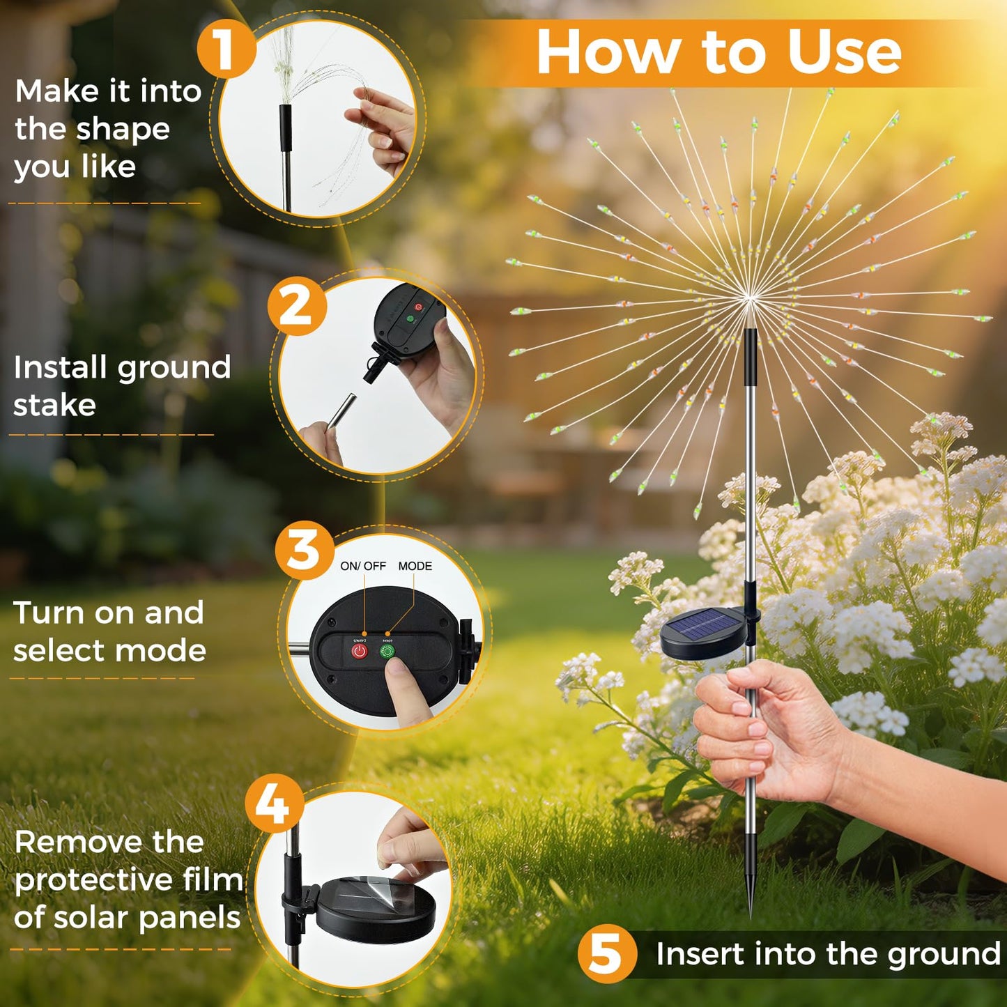 btfarm 2 Pack Solar Garden Lights Outdoor 8 Modes, 120 LED Firework Lights Solar Powered, Waterproof Twinkle Fairy Light Outside for Yard Pathway Lawn Pool Patio Christmas Decorative, Warm White