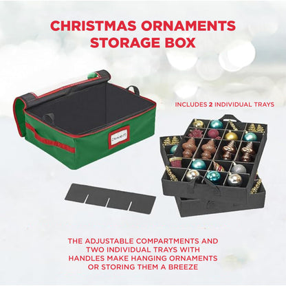 HOLDN’ STORAGE Christmas Ornament Storage Box with Dividers - Fits 48-3” Ornaments, 2 Removable Trays, Durable & Space-Saving, Clear Top Lid, Fits Underbed, Green