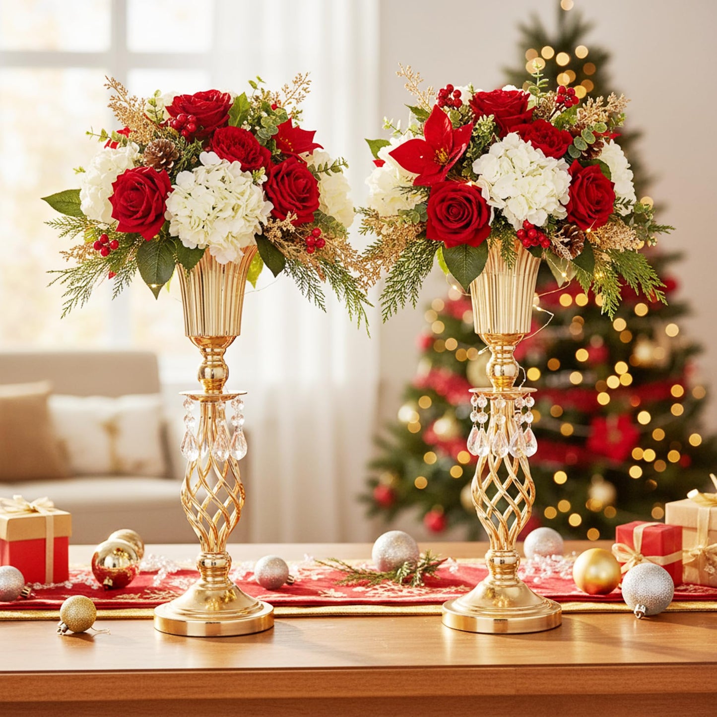 LoveCat Beaded Crystal Gold Vases: Set of 2 Elegant Metal Floral Vases, Trumpet Flower Holders for Table Centerpieces Wedding Banquets Birthdays Anniversaries Holiday Parties Events(20.2")